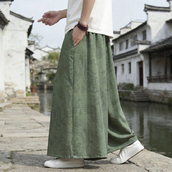 Buddha Stones Pantalon d'été décontracté style Tang à cordon de serrage et ourlet à la cheville, motif dragon, jambes larges - image 6