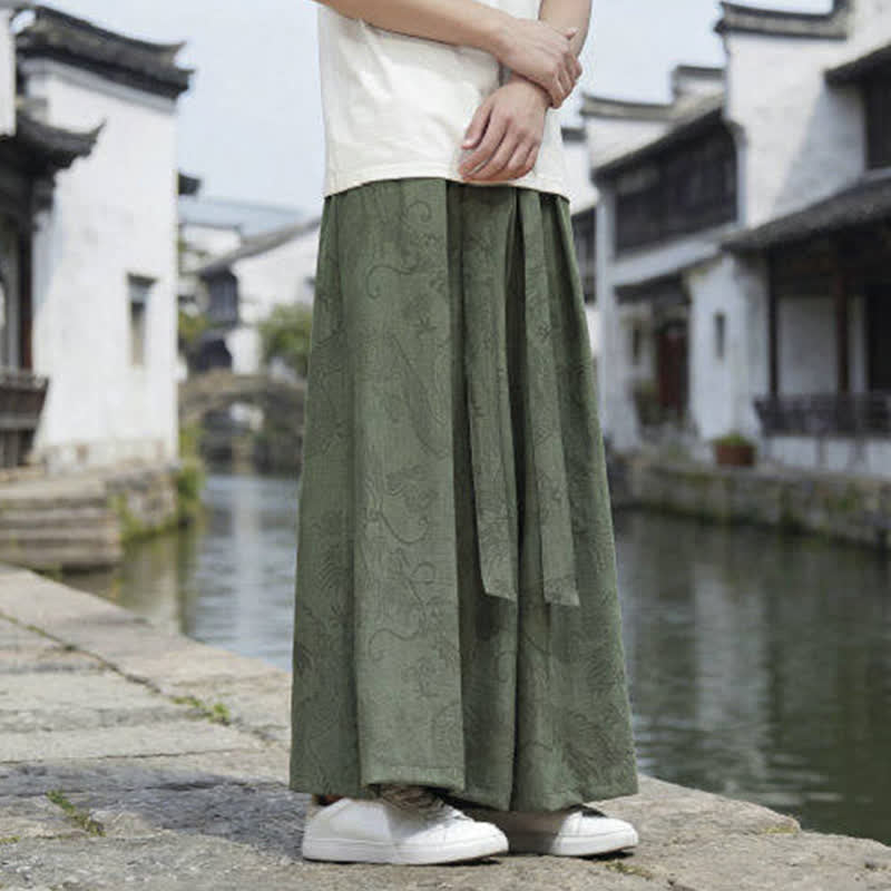 Buddha Stones Pantalon d'été décontracté style Tang à cordon de serrage et ourlet à la cheville, motif dragon, jambes larges - image 3