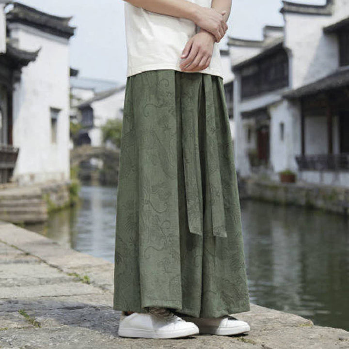 Buddha Stones Pantalon d'été décontracté style Tang à cordon de serrage et ourlet à la cheville, motif dragon, jambes larges - image 3