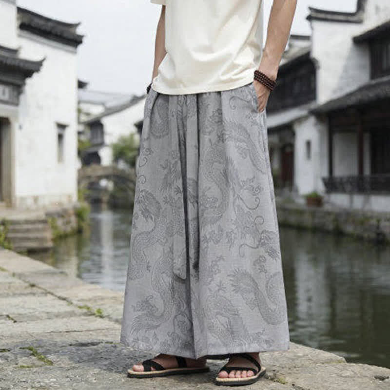 Buddha Stones Pantalon d'été décontracté style Tang à cordon de serrage et ourlet à la cheville, motif dragon, jambes larges - image 26