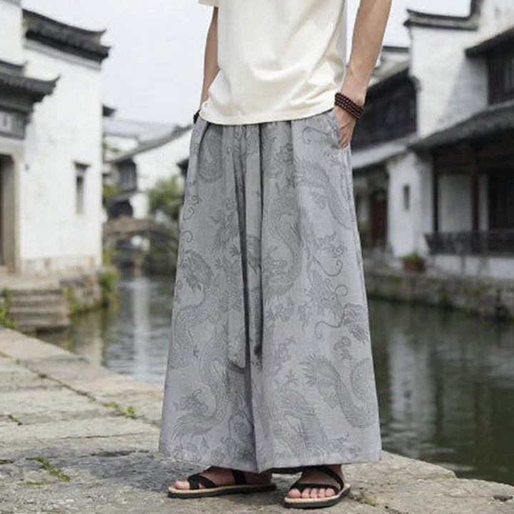Buddha Stones Pantalon d'été décontracté style Tang à cordon de serrage et ourlet à la cheville, motif dragon, jambes larges - image 26