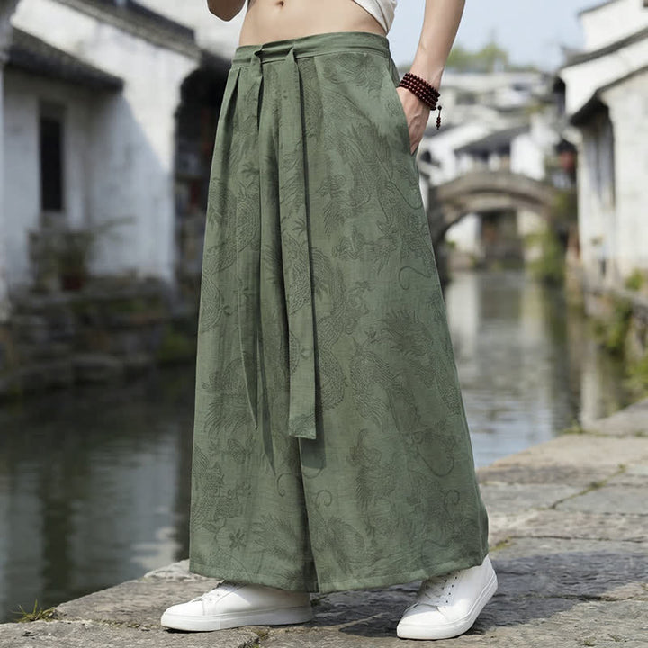 Buddha Stones Pantalon d'été décontracté style Tang à cordon de serrage et ourlet à la cheville, motif dragon, jambes larges - image 2