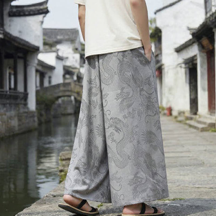 Buddha Stones Pantalon d'été décontracté style Tang à cordon de serrage et ourlet à la cheville, motif dragon, jambes larges - image 27