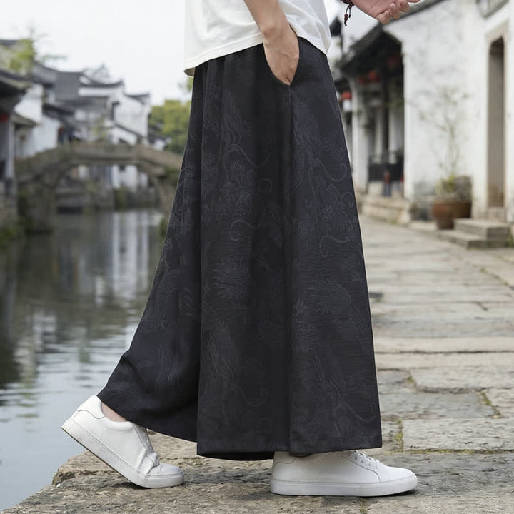 Buddha Stones Pantalon d'été décontracté style Tang à cordon de serrage et ourlet à la cheville, motif dragon, jambes larges - image 12