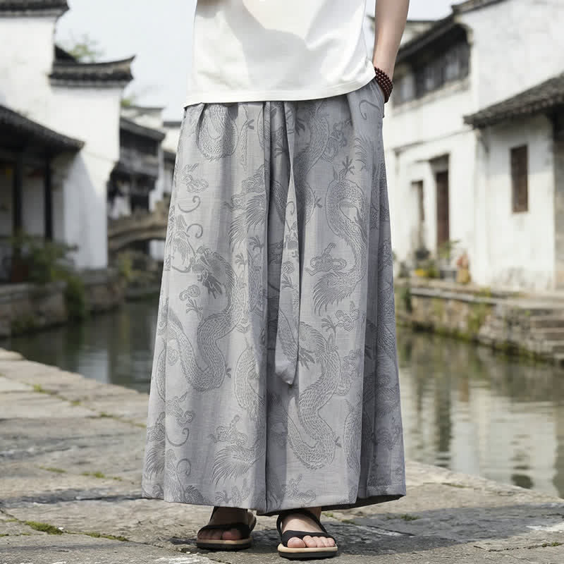 Buddha Stones Pantalon d'été décontracté style Tang à cordon de serrage et ourlet à la cheville, motif dragon, jambes larges - Gris - US/UK/AU46，EU56 (5XL) - image 25