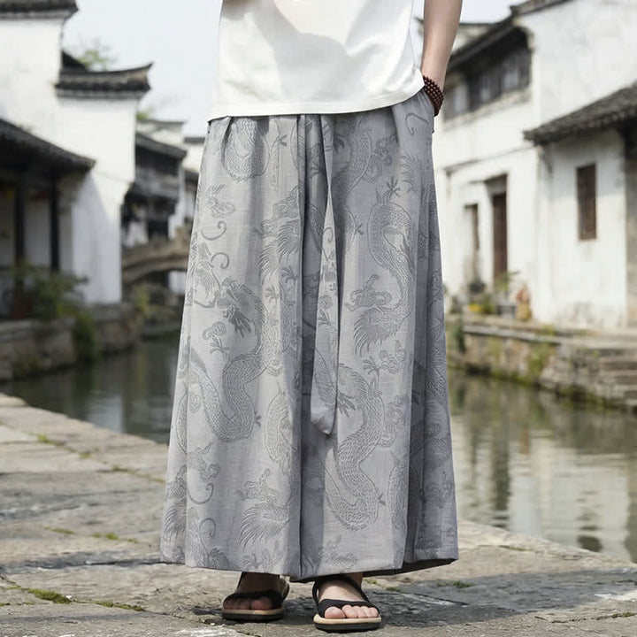 Buddha Stones Pantalon d'été décontracté style Tang à cordon de serrage et ourlet à la cheville, motif dragon, jambes larges - Gris - US/UK/AU46，EU56 (5XL) - image 25