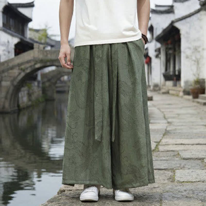Buddha Stones Pantalon d'été décontracté style Tang à cordon de serrage et ourlet à la cheville, motif dragon, jambes larges - image 1