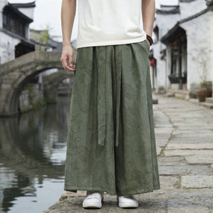 Buddha Stones Pantalon d'été décontracté style Tang à cordon de serrage et ourlet à la cheville, motif dragon, jambes larges - image 1