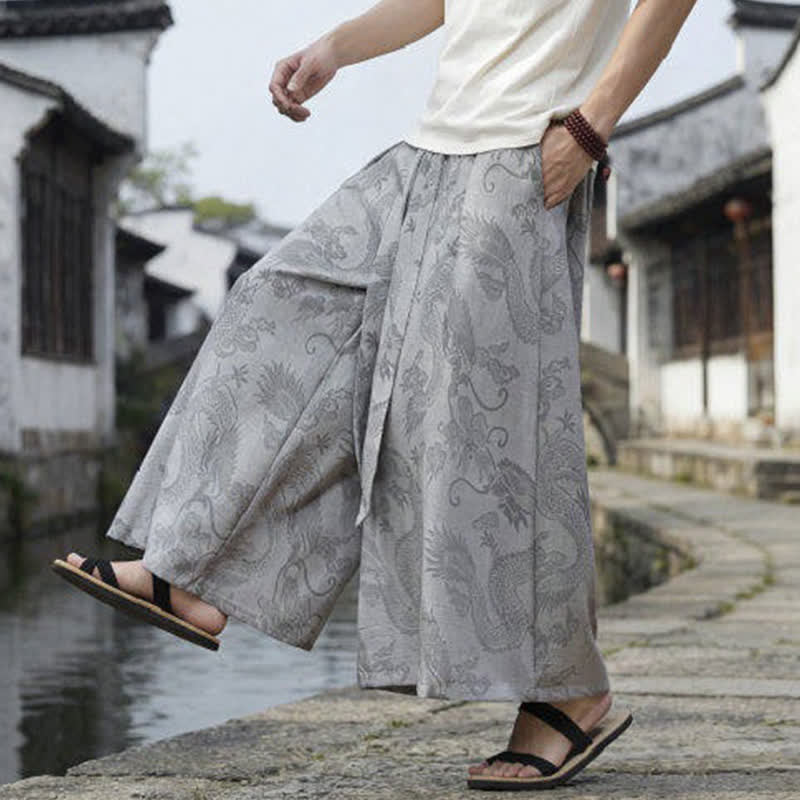 Buddha Stones Pantalon d'été décontracté style Tang à cordon de serrage et ourlet à la cheville, motif dragon, jambes larges - image 32