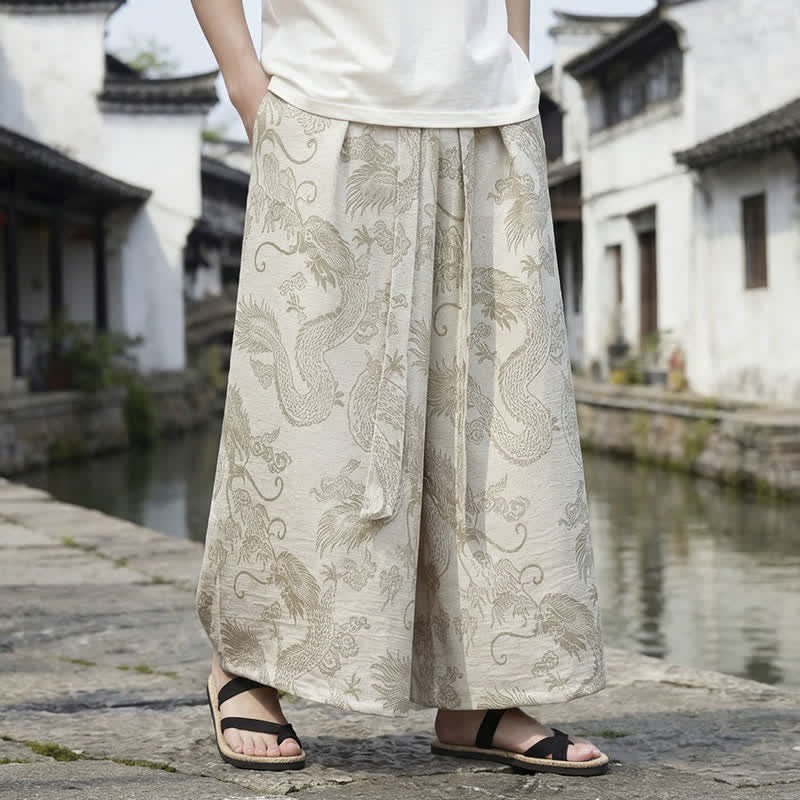 Buddha Stones Pantalon d'été décontracté style Tang à cordon de serrage et ourlet à la cheville, motif dragon, jambes larges - image 37