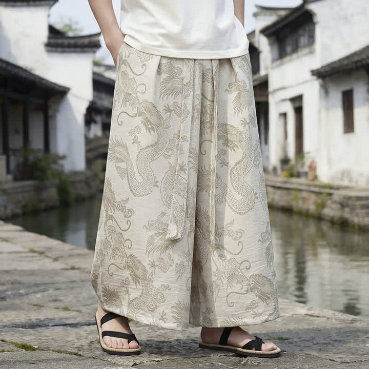 Buddha Stones Pantalon d'été décontracté style Tang à cordon de serrage et ourlet à la cheville, motif dragon, jambes larges - image 37