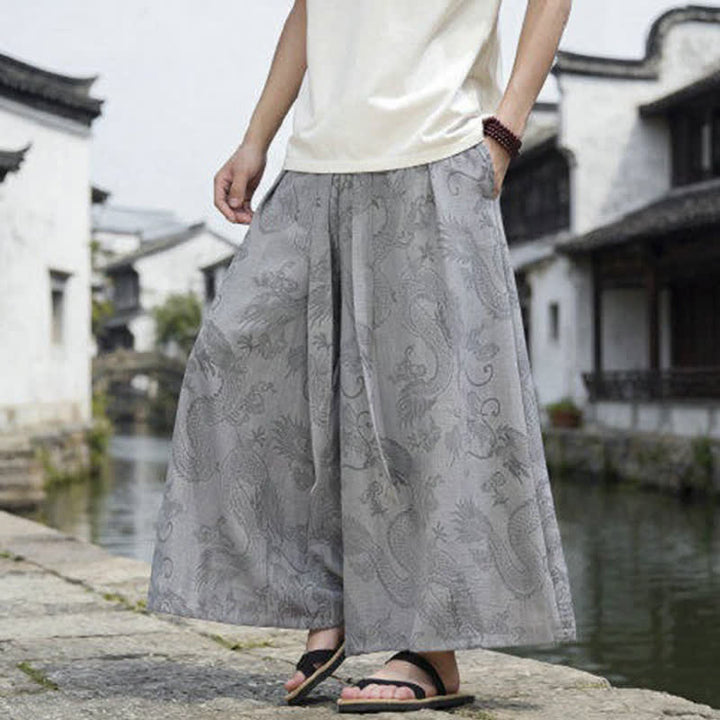 Buddha Stones Pantalon d'été décontracté style Tang à cordon de serrage et ourlet à la cheville, motif dragon, jambes larges - image 30