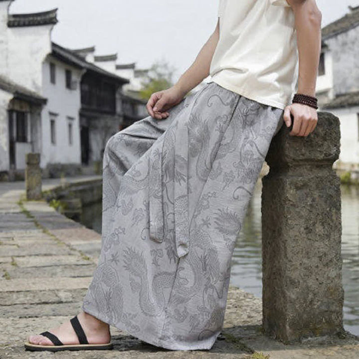 Buddha Stones Pantalon d'été décontracté style Tang à cordon de serrage et ourlet à la cheville, motif dragon, jambes larges - image 31