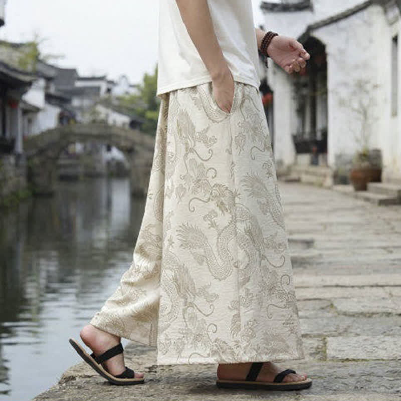 Buddha Stones Pantalon d'été décontracté style Tang à cordon de serrage et ourlet à la cheville, motif dragon, jambes larges - image 41