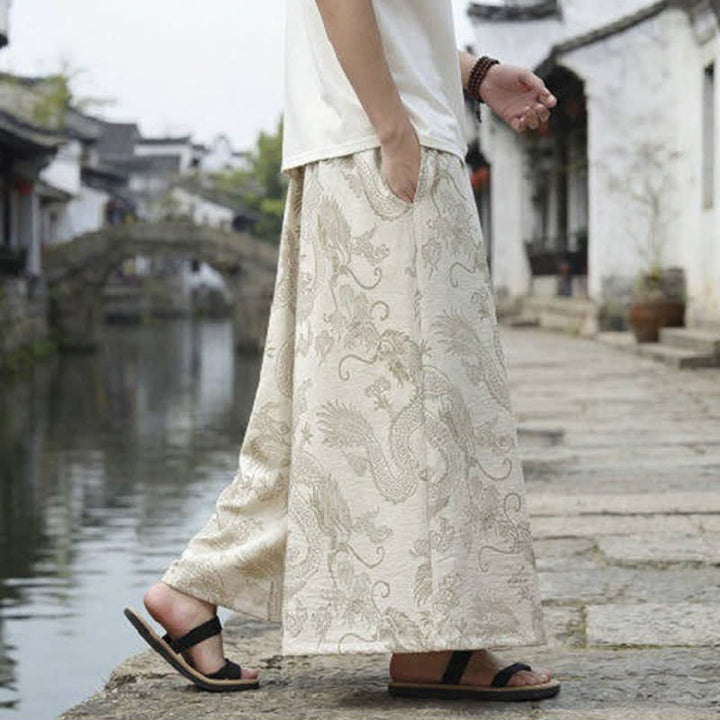 Buddha Stones Pantalon d'été décontracté style Tang à cordon de serrage et ourlet à la cheville, motif dragon, jambes larges - image 41