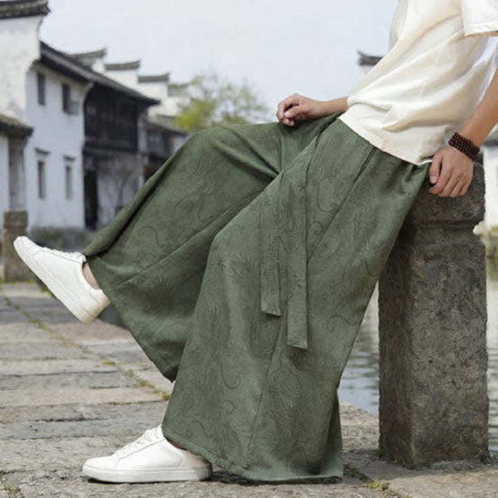 Buddha Stones Pantalon d'été décontracté style Tang à cordon de serrage et ourlet à la cheville, motif dragon, jambes larges - image 8