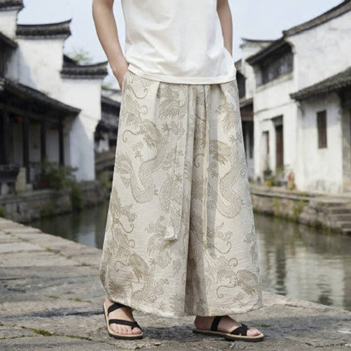 Buddha Stones Pantalon d'été décontracté style Tang à cordon de serrage et ourlet à la cheville, motif dragon, jambes larges - image 39