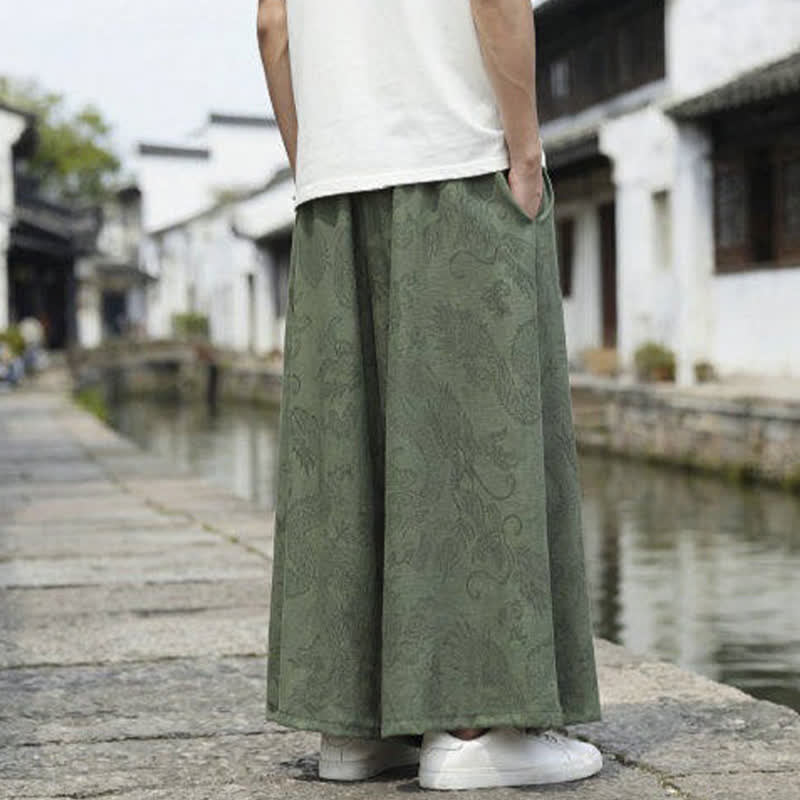 Buddha Stones Pantalon d'été décontracté style Tang à cordon de serrage et ourlet à la cheville, motif dragon, jambes larges - image 4