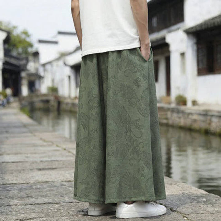 Buddha Stones Pantalon d'été décontracté style Tang à cordon de serrage et ourlet à la cheville, motif dragon, jambes larges - image 4