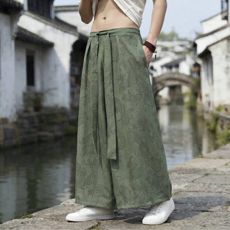 Buddha Stones Pantalon d'été décontracté style Tang à cordon de serrage et ourlet à la cheville, motif dragon, jambes larges - Olive - US/UK/AU46，EU56 (5XL) - image 0