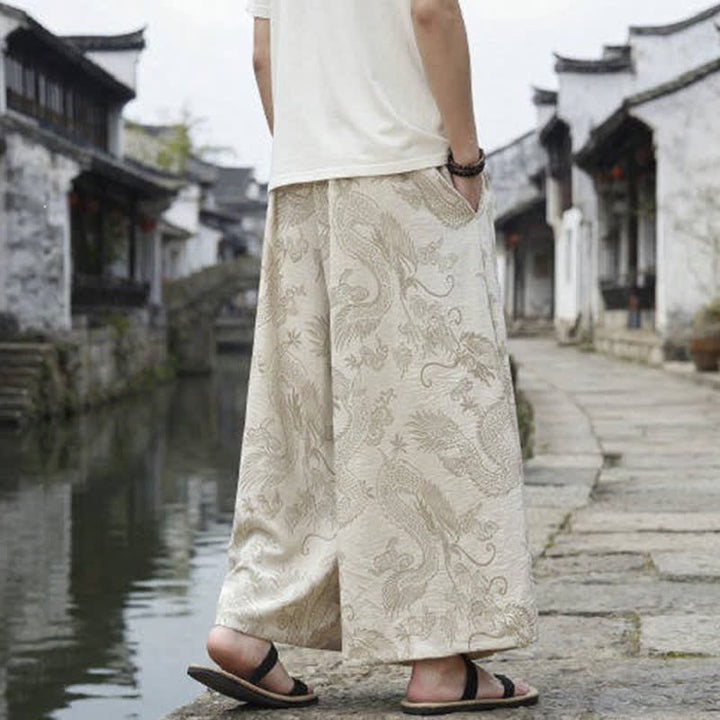 Buddha Stones Pantalon d'été décontracté style Tang à cordon de serrage et ourlet à la cheville, motif dragon, jambes larges - image 42