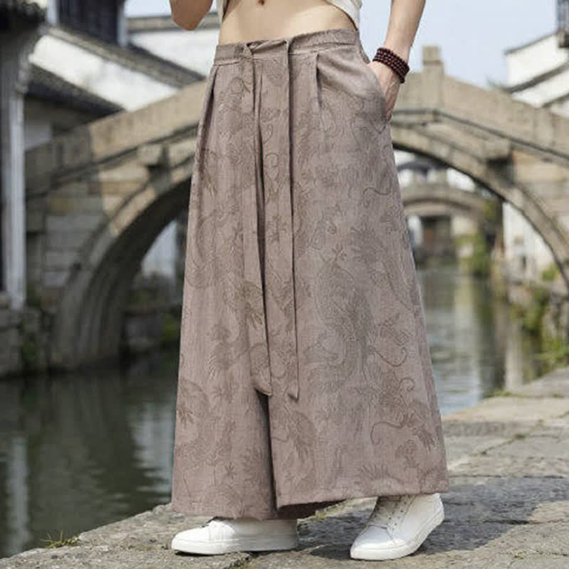 Buddha Stones Pantalon d'été décontracté style Tang à cordon de serrage et ourlet à la cheville, motif dragon, jambes larges - image 19