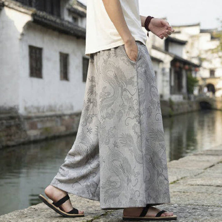 Buddha Stones Pantalon d'été décontracté style Tang à cordon de serrage et ourlet à la cheville, motif dragon, jambes larges - image 28
