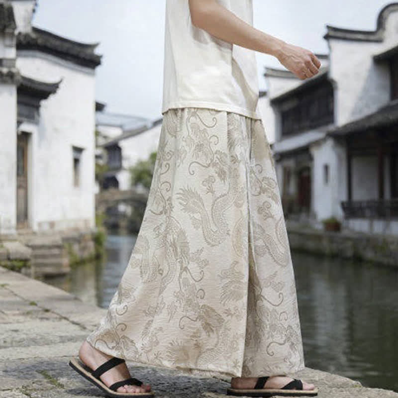 Buddha Stones Pantalon d'été décontracté style Tang à cordon de serrage et ourlet à la cheville, motif dragon, jambes larges - image 36