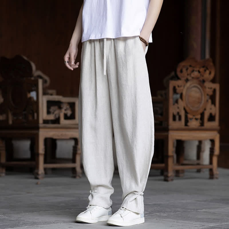 Buddha Stones Pantalon d'été décontracté vintage à taille élastique et cordon de serrage, coupe fuselée, pour homme - Blanc - US/UK/AU46，EU56 (5XL) - image 0