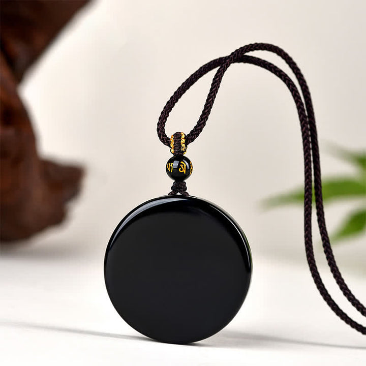 Buddha Stones Collier de protection en obsidienne noire ronde et corde tressée - Environ 30 mm - image 0