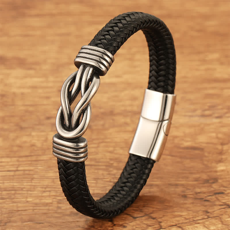 Buddha Stones Bracelet en cuir tressé à nœud infini, robuste et géométrique, pour une durabilité optimale. - Acier - 7,9–8,3 pouces (20–21 cm) - image 0