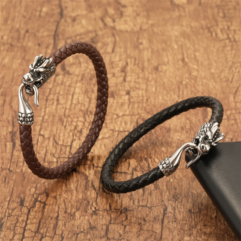 Buddha Stones Bracelet punk en cuir tressé, symbole de force du dragon - image 10