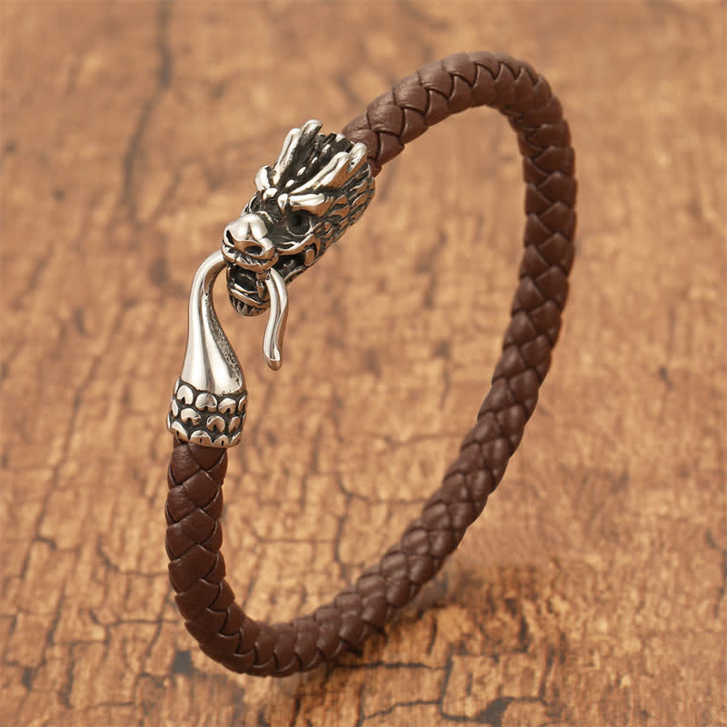 Buddha Stones Bracelet punk en cuir tressé, symbole de force du dragon - Café - 7,9–8,3 pouces (20–21 cm) - image 6