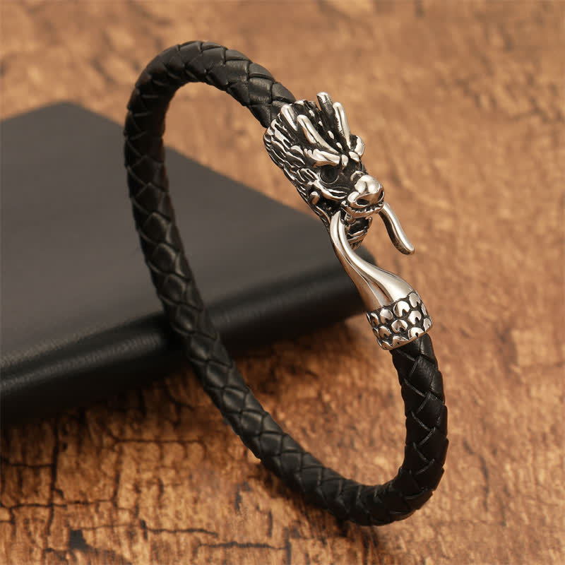 Buddha Stones Bracelet punk en cuir tressé, symbole de force du dragon - image 1