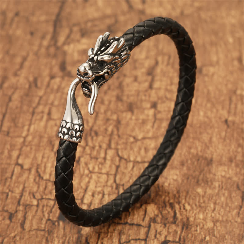 Buddha Stones Bracelet punk en cuir tressé, symbole de force du dragon - Noir - 7,9–8,3 pouces (20–21 cm) - image 0