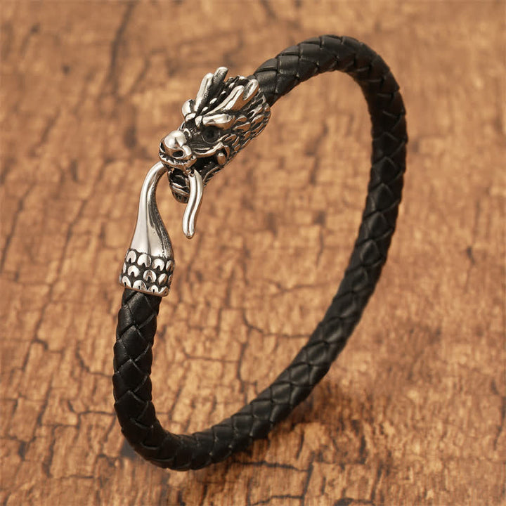 Buddha Stones Bracelet punk en cuir tressé, symbole de force du dragon - Noir - 7,9–8,3 pouces (20–21 cm) - image 0