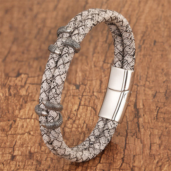 Buddha Stones Bracelet en cuir tressé, griffe de dragon et acier inoxydable résistant - Blanc - 7,9–8,3 pouces (20–21 cm) - image 6