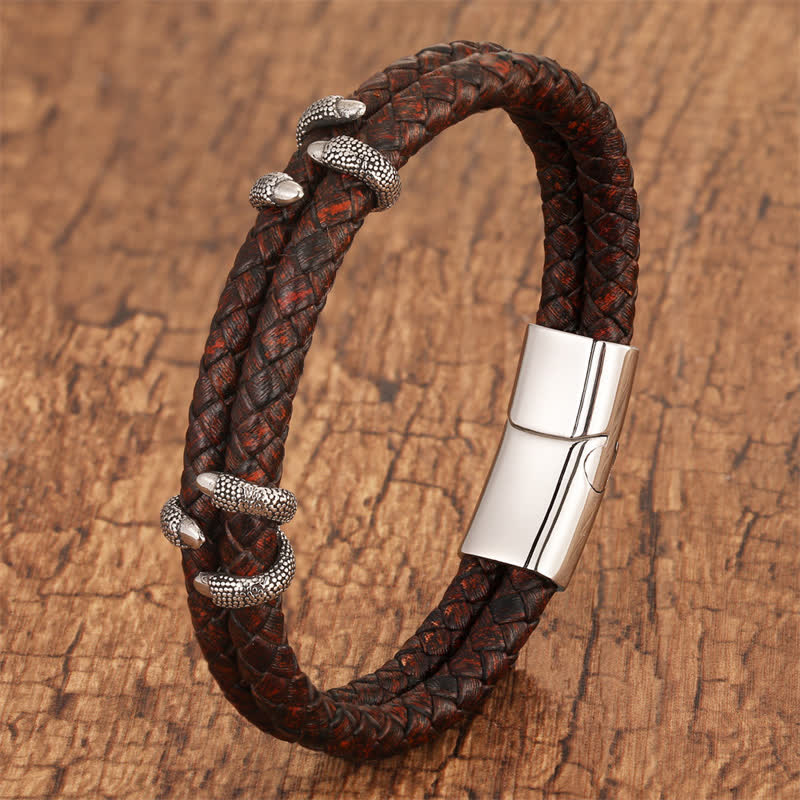 Buddha Stones Bracelet en cuir tressé, griffe de dragon et acier inoxydable résistant - Brun - 7,9–8,3 pouces (20–21 cm) - image 4