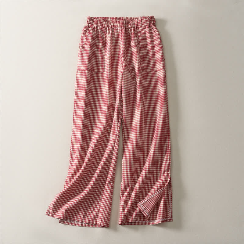 Buddha Stones Pantalon court à carreaux en coton, coupe droite, style vintage, avec cordon de serrage et poches, idéal pour le printemps et l'été. - Rouge - US14，UK/AU18，EU46 (3XL) - image 0