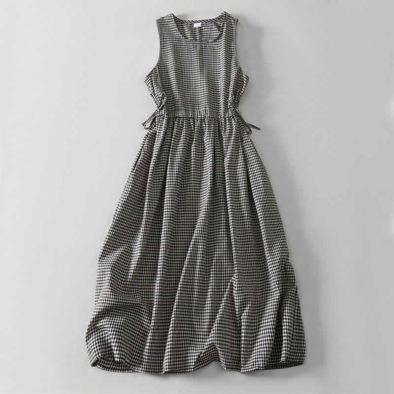 Buddha Stones Robe d'été vintage sans manches à carreaux en coton, avec cordon de serrage et poches, pour femme - Noir - US16，UK/AU20，EU48 (3XL) - image 0