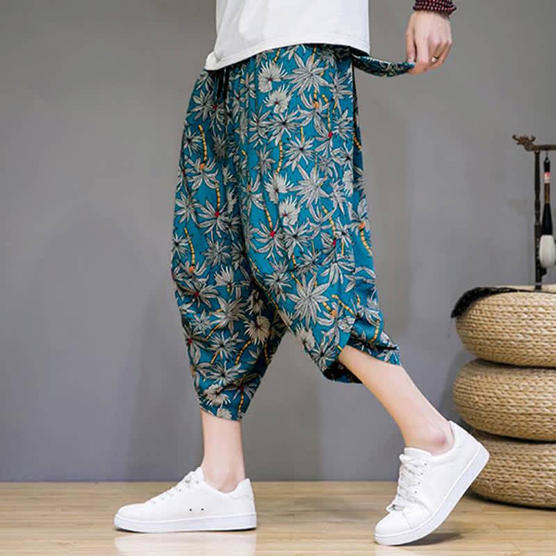 Buddha Stones Pantalon Capri fleuri bohème décontracté d'été à cordon de serrage avec poches pour homme - Turquoise foncé - US/UK/AU46, EU56 (5XL) - image 12