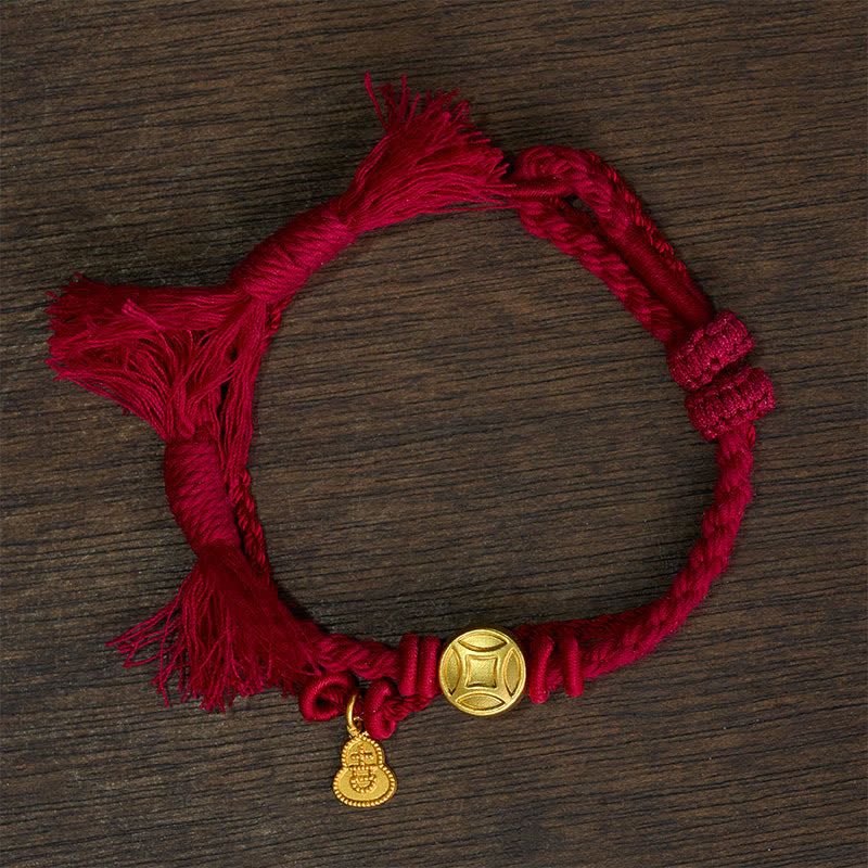 Buddha Stones Bracelet double rang de cordon rouge avec pendentif en forme de gourde et pièce de monnaie chinoise en alliage, symbole de richesse. - image 1