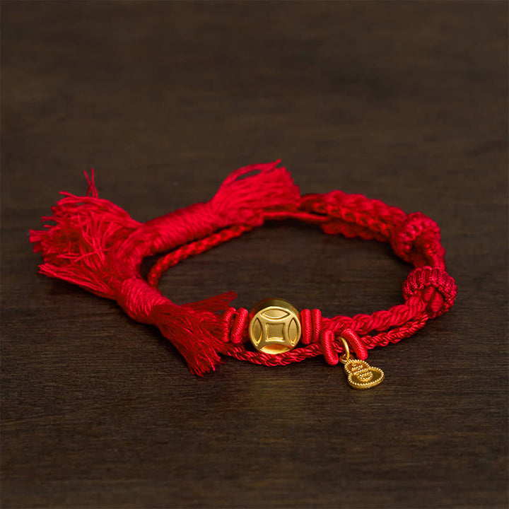Buddha Stones Bracelet double rang de cordon rouge avec pendentif en forme de gourde et pièce de monnaie chinoise en alliage, symbole de richesse. - rouge - image 4