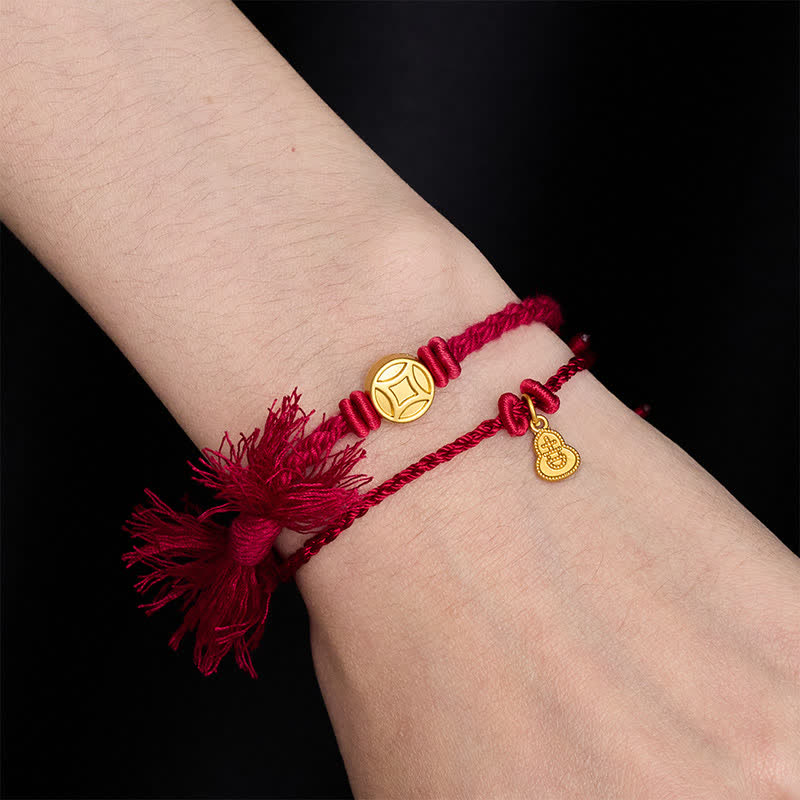 Buddha Stones Bracelet double rang de cordon rouge avec pendentif en forme de gourde et pièce de monnaie chinoise en alliage, symbole de richesse. - image 2