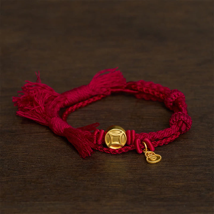 Buddha Stones Bracelet double rang de cordon rouge avec pendentif en forme de gourde et pièce de monnaie chinoise en alliage, symbole de richesse. - rouge vin - image 0