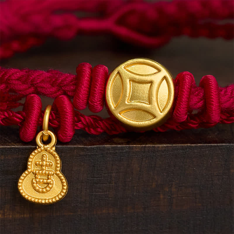 Buddha Stones Bracelet double rang de cordon rouge avec pendentif en forme de gourde et pièce de monnaie chinoise en alliage, symbole de richesse. - image 3