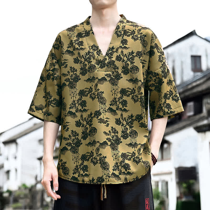 Buddha Stones T-shirts à manches courtes pour hommes, style Tang, imprimé floral, col en V, été décontracté - Kaki foncé - US/UK/AU46, EU56 (5XL) - image 11