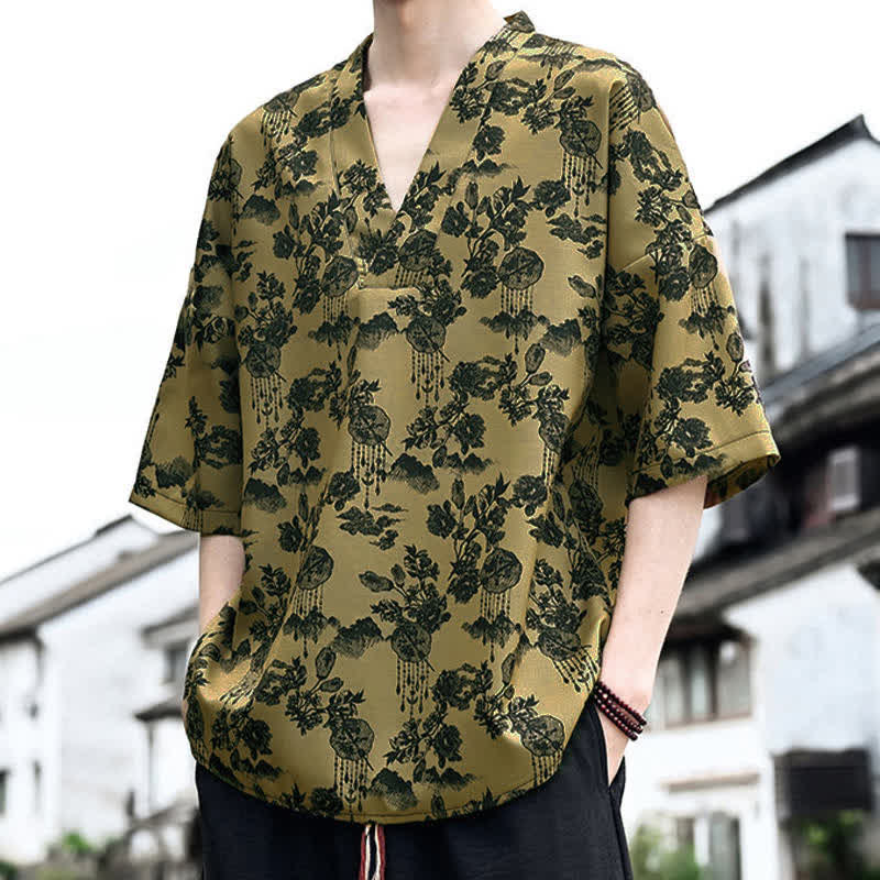 Buddha Stones T-shirts à manches courtes pour hommes, style Tang, imprimé floral, col en V, été décontracté - image 13