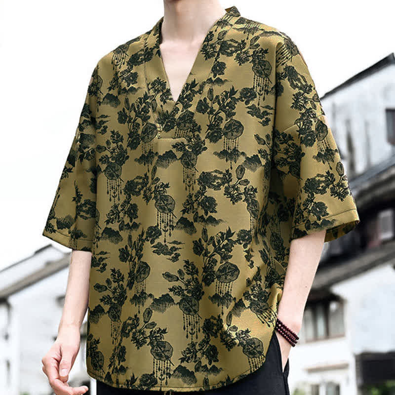 Buddha Stones T-shirts à manches courtes pour hommes, style Tang, imprimé floral, col en V, été décontracté - image 14