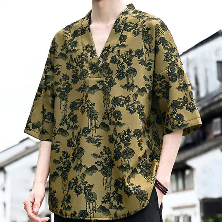 Buddha Stones T-shirts à manches courtes pour hommes, style Tang, imprimé floral, col en V, été décontracté - image 14